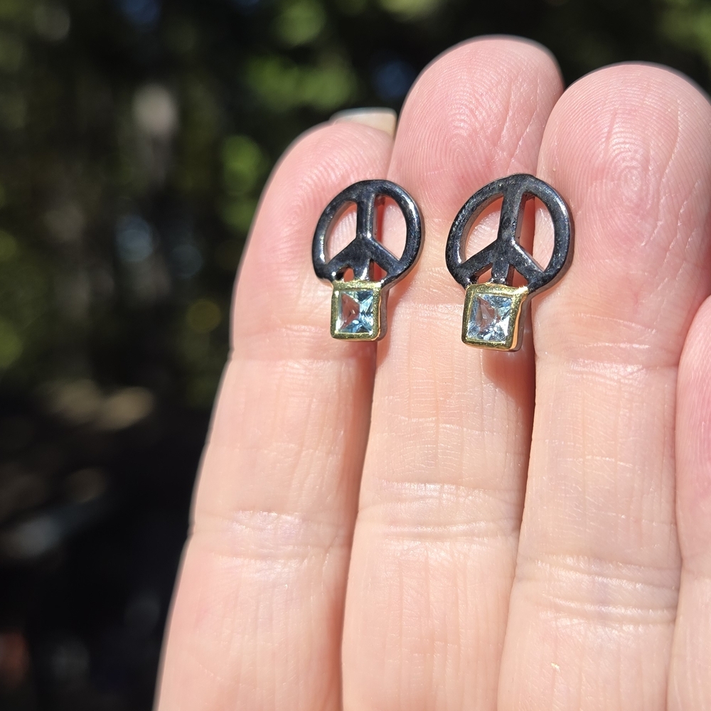 Topaz Natural Gemstone Peace Sign Sterling Rhodium & Gold Earrings 3k Each
